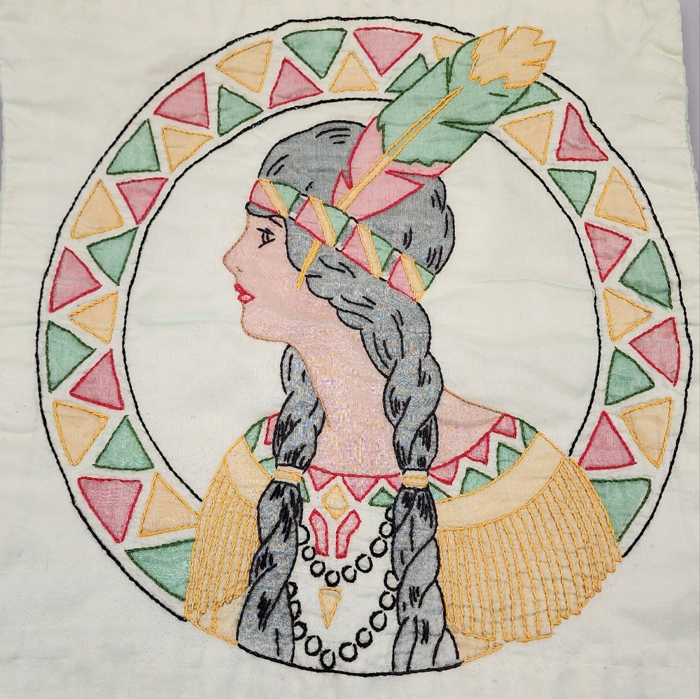 Antique 20's/30's Tinted Embroidery Native American Woman Pillow Case